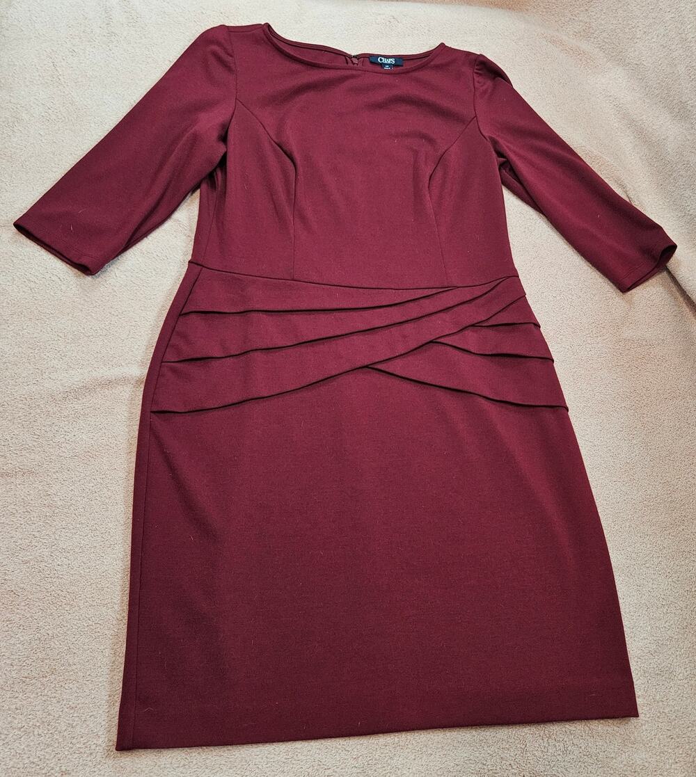 Chaps Women's Burgundy Ruched Waist 3/4 Sleeve Petite Sheath Dress Size 16P